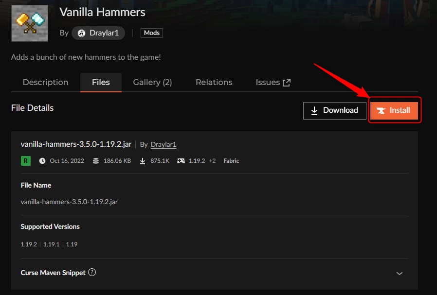 Vanilla HammersのInstallボタンを押す画面