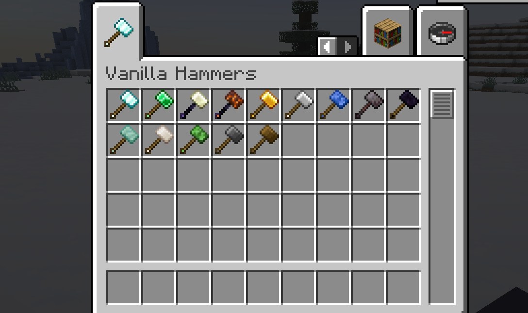 マイクラのクリエイティブインベントリにVanilla Hammersのハンマーが並ぶ画面