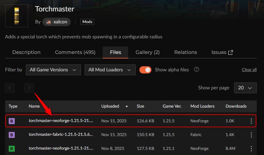CurseForgeのTorchmasterページでバージョンを選ぶ画面