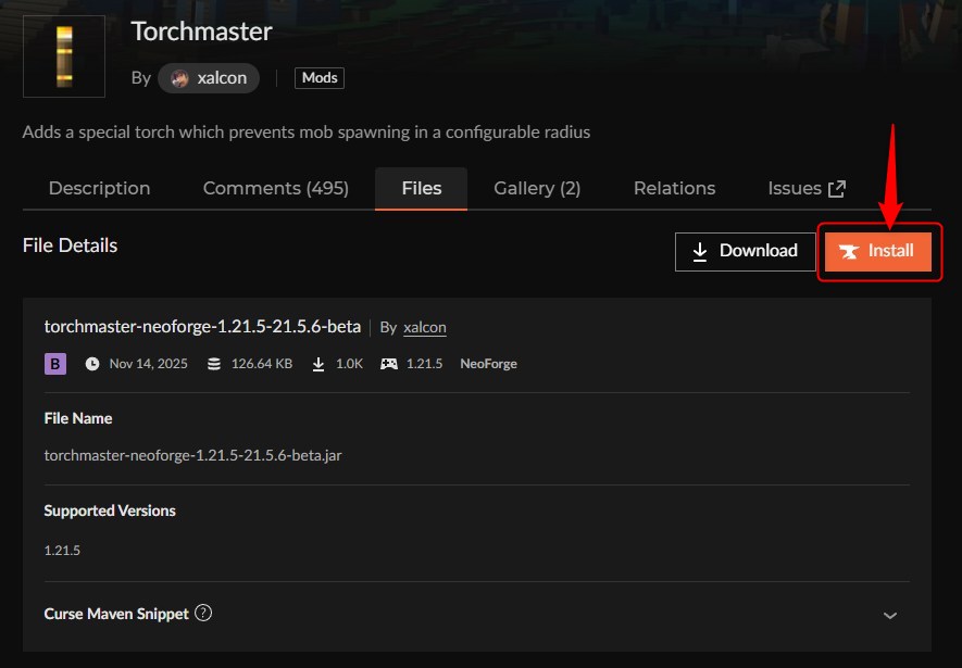 TorchmasterのInstallボタンを押す画面