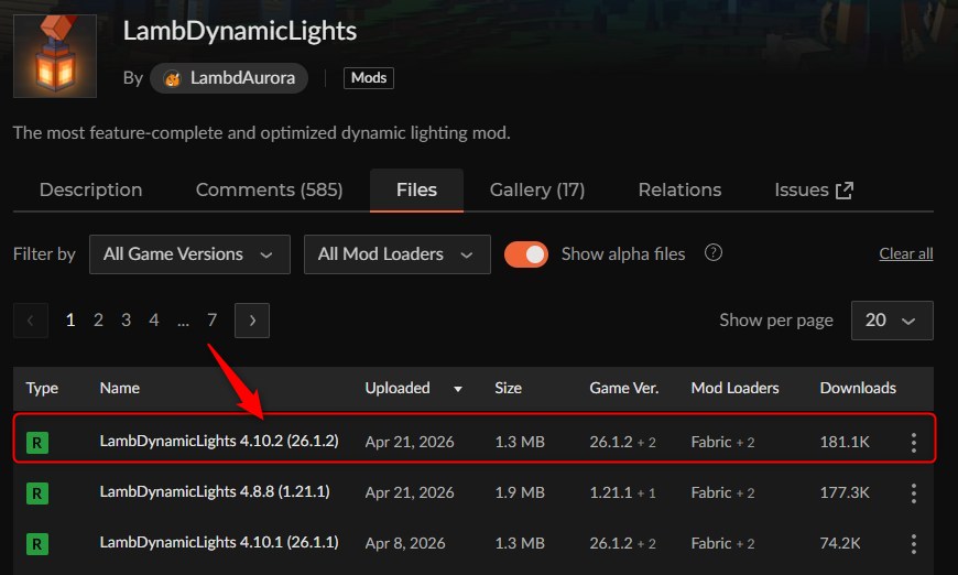 CurseForgeのLambDynamicLightsページでバージョンを選ぶ画面