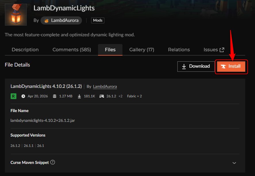 LambDynamicLightsのInstallボタンを押す画面