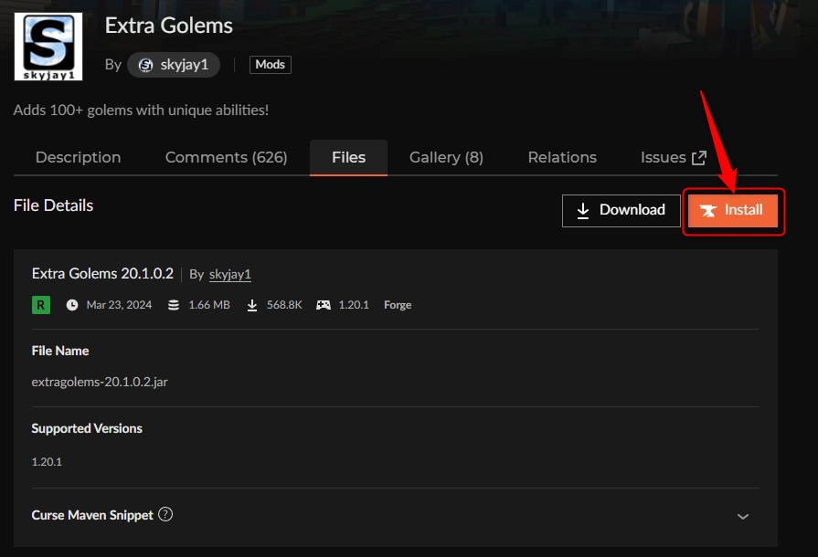 Extra GolemsのInstallボタンを押す画面
