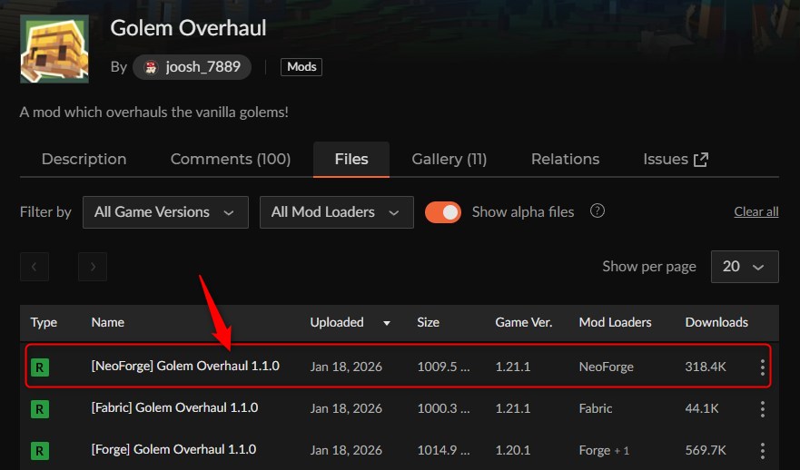 CurseForgeのGolem Overhaulページでバージョンを選ぶ画面