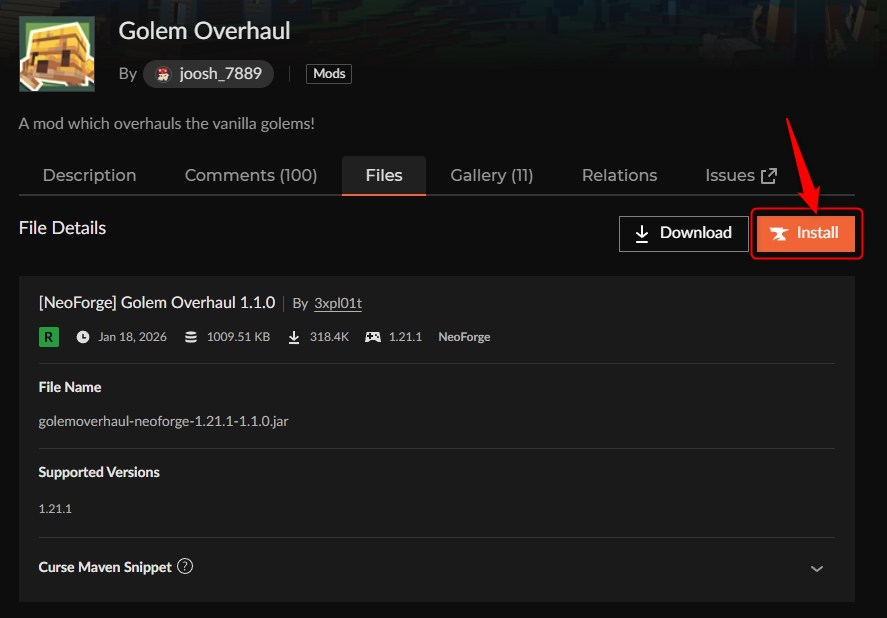 Golem OverhaulのInstallボタンを押す画面