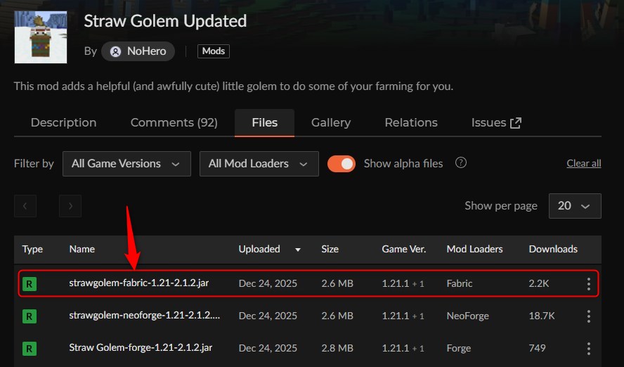 「Straw Golem」にアクセスしてバージョンを選択