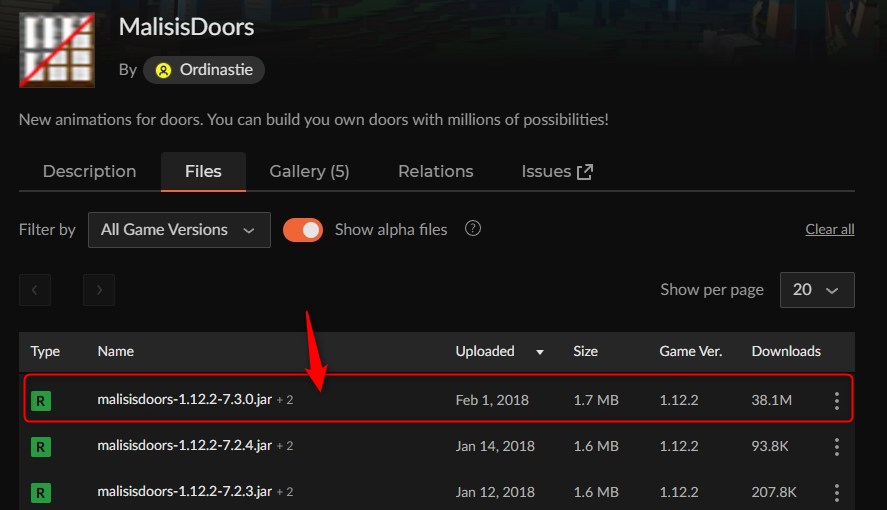 CurseForgeでMalisisDoorsのバージョンを選択する画面