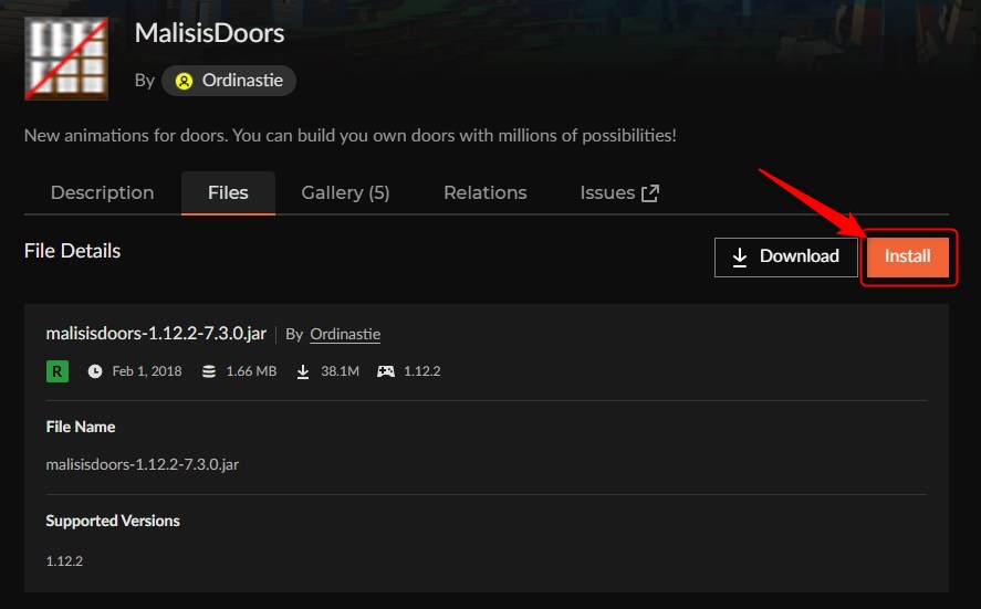 MalisisDoorsのInstallとNew Profileの操作画面