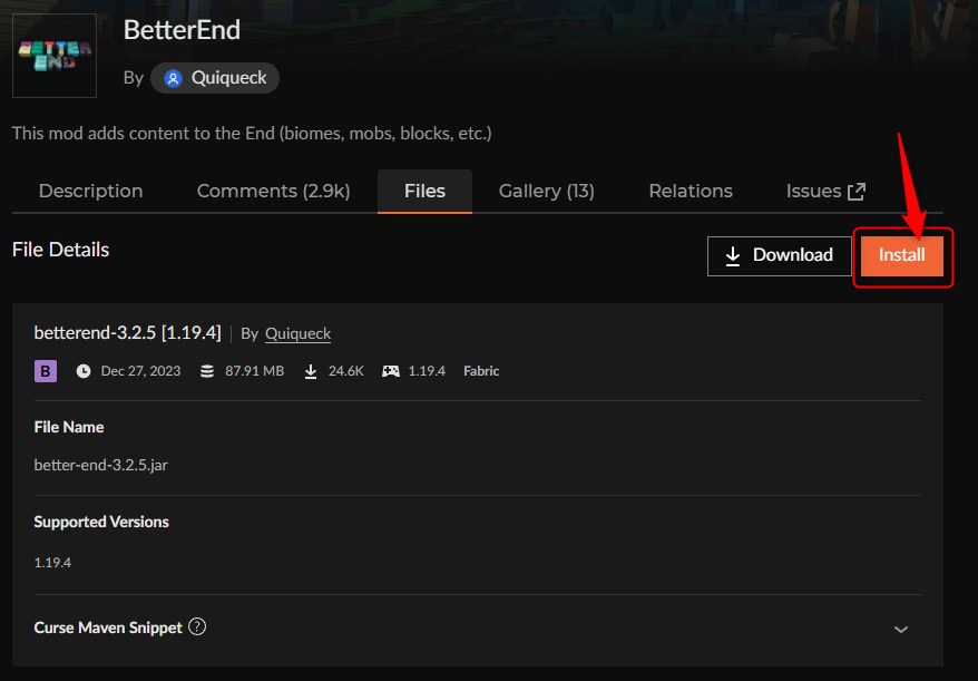 BetterEndのInstallとNew Profileの操作画面