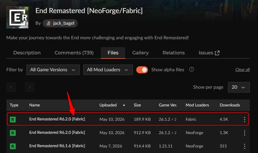 CurseForgeでEnd Remasteredのバージョンを選択する画面