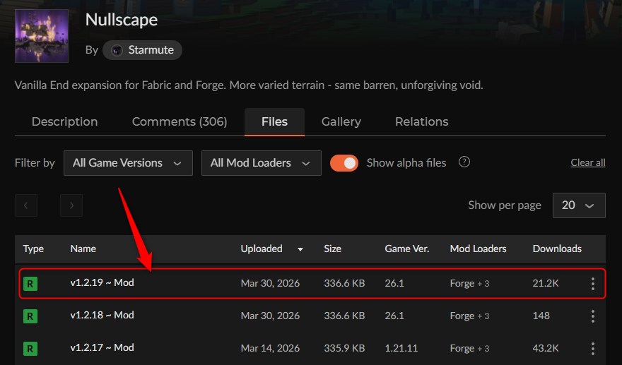CurseForgeでNullscapeのバージョンを選択する画面