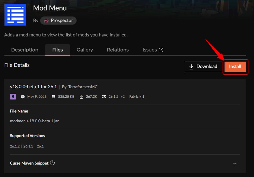 Mod MenuをInstallしてNew Profileを作成する画面