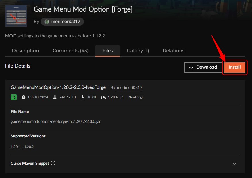 Game Menu Mod OptionをInstallしてNew Profileを作成する画面