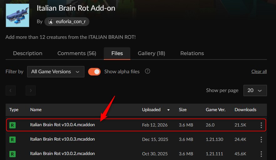 CurseForge公式のItalian Brain Rot Add-on配布ページ