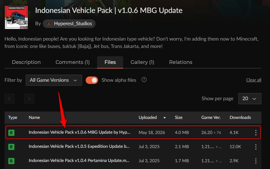 CurseForgeのIndonesian Vehicle Pack配布ページ