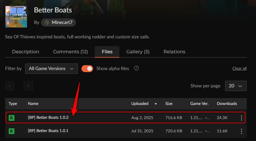 CurseForgeでBetter Boatsのビヘイビアパックを選ぶ画面