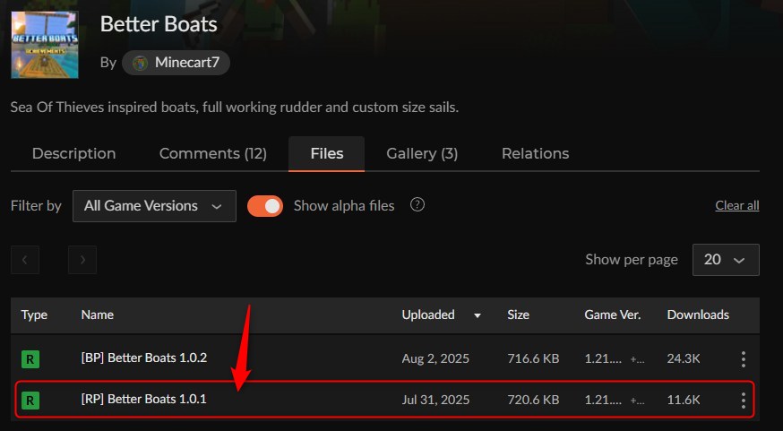 CurseForgeでBetter Boatsのリソースパックを選ぶ画面