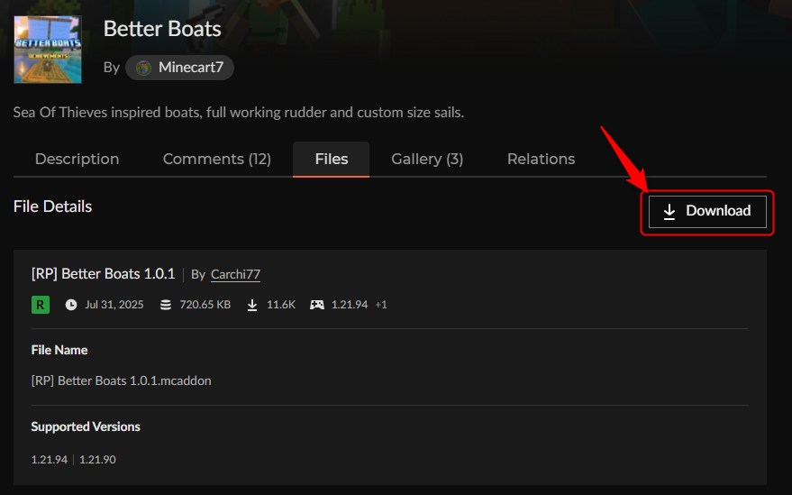 Better Boatsのリソースパックをダウンロードする画面