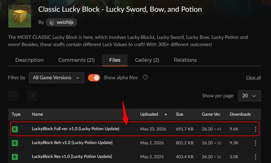 CurseForgeでClassic Lucky Blockのファイルを選ぶ画面
