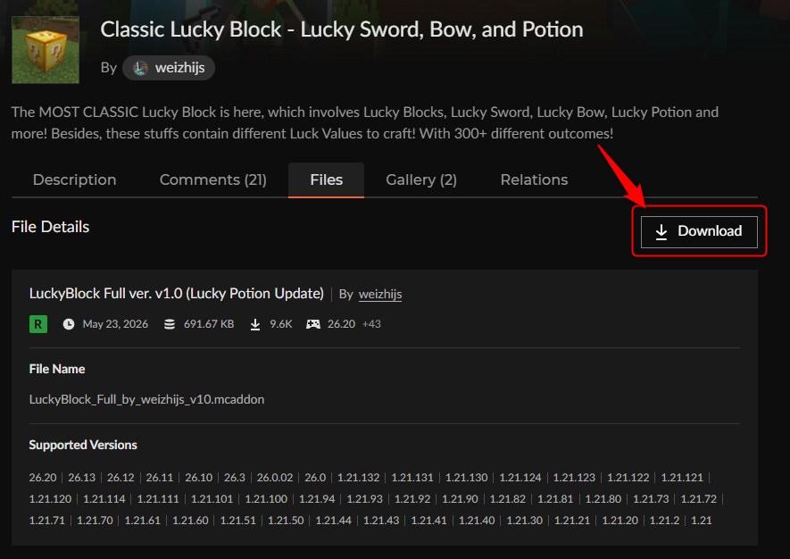 Classic Lucky Blockの.mcaddonファイルをダウンロードする画面