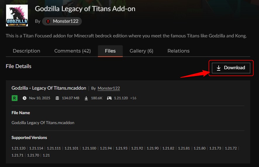 Godzilla Legacy of Titansの.mcaddonファイルをダウンロードする画面