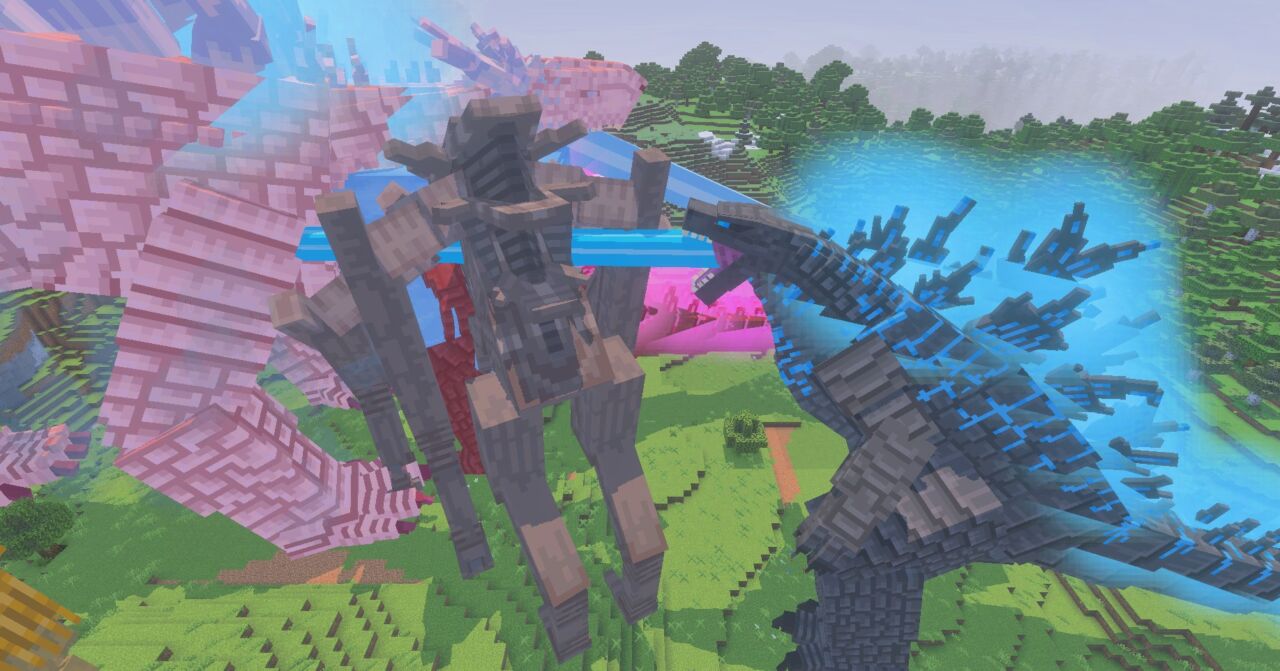 マイクラ統合版のゴジラアドオンで巨大タイタンが出現したようす