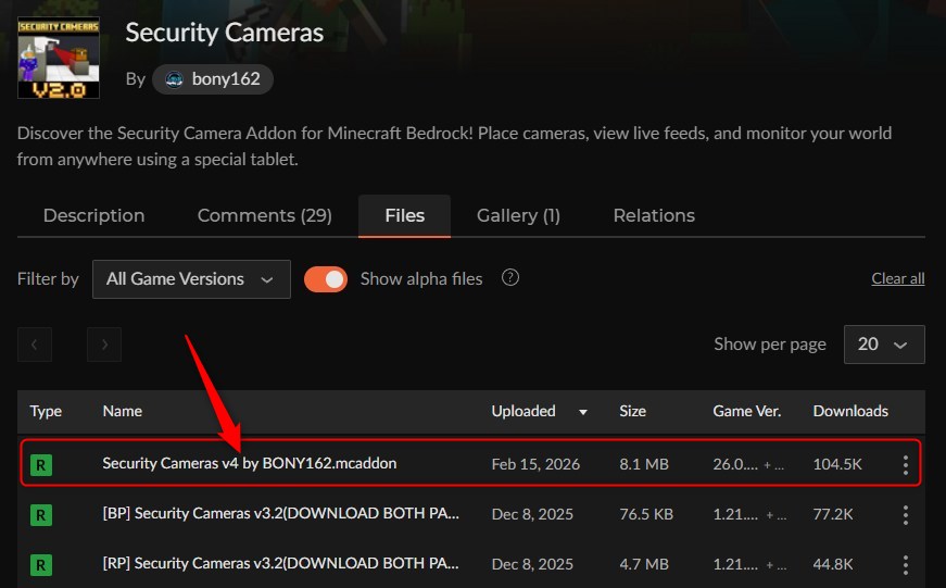 CurseForgeでSecurity Camerasのファイルを選ぶ画面
