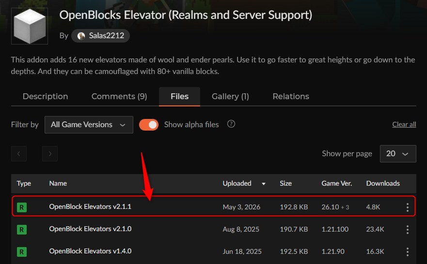CurseForgeでOpenBlocks Elevatorのファイルを選ぶ画面