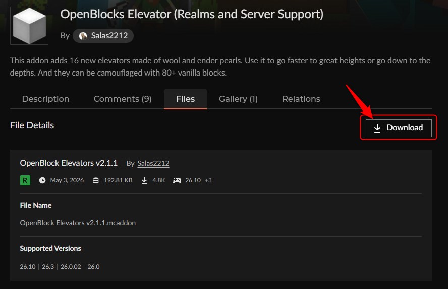OpenBlocks Elevatorの.mcaddonファイルをダウンロードする画面