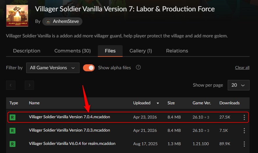 CurseForgeの「Villager Soldier Vanilla」ダウンロードページ