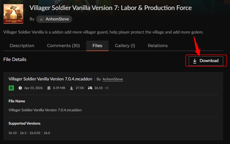 「Villager Soldier Vanilla」の.mcaddonファイルをダウンロードする画面
