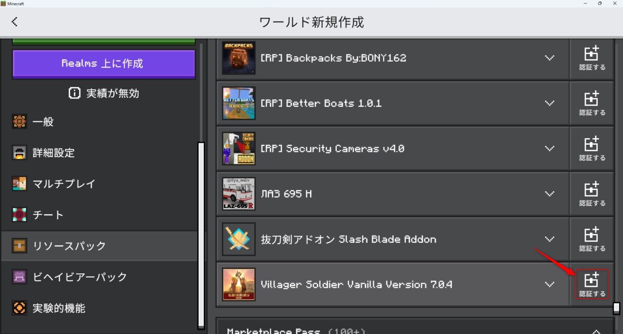 新規ワールドで「Villager Soldier Vanilla」のリソースパックを認証する画面