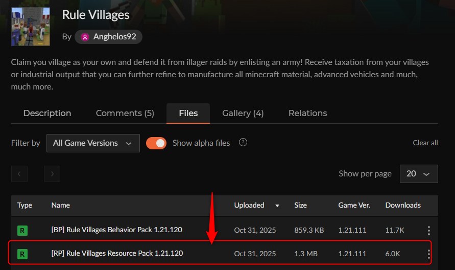 CurseForgeの「Rule Villages」リソースパックのダウンロードページ