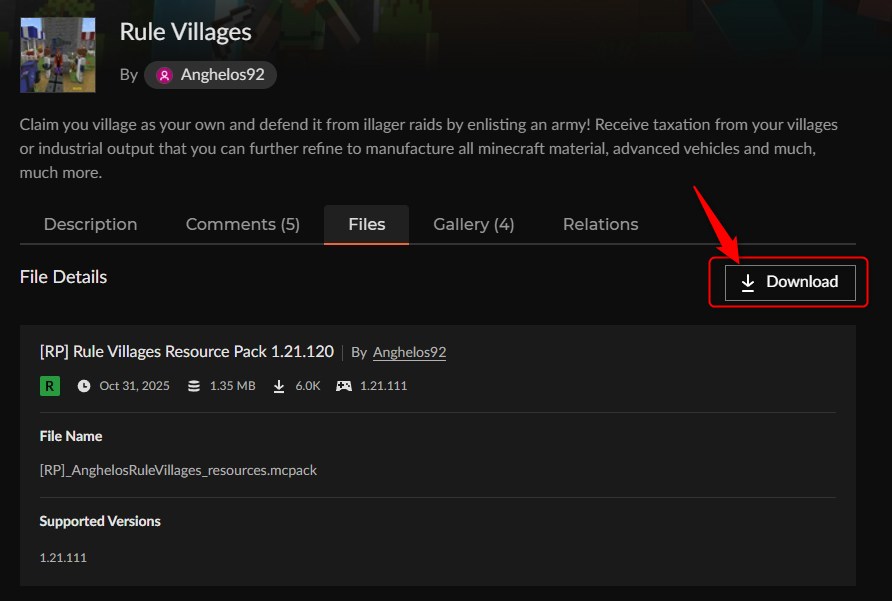 「Rule Villages」のリソースパックをダウンロードする画面