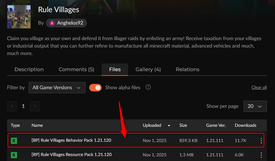 「Rule Villages」のビヘイビアパックのファイルを選択する画面
