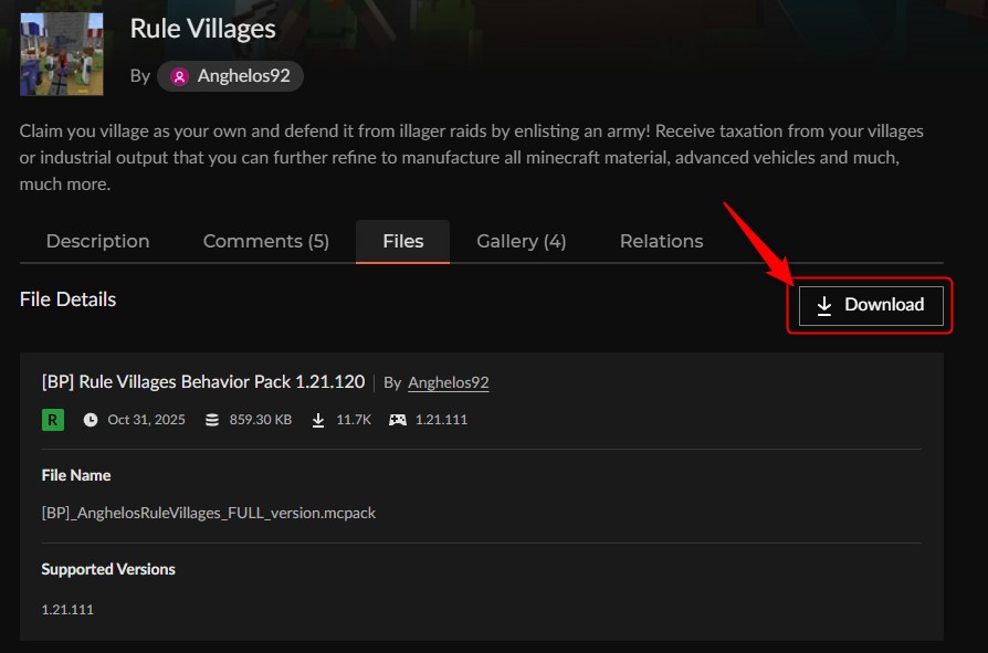「Rule Villages」のビヘイビアパックをダウンロードする画面