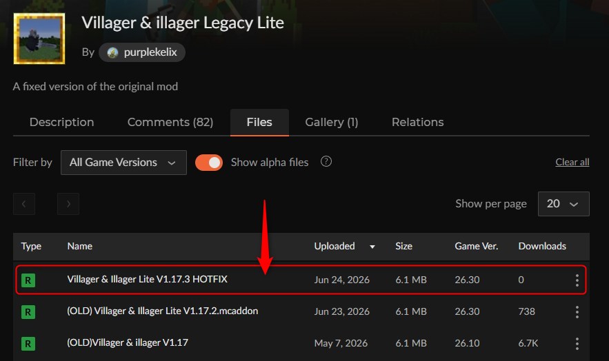 CurseForgeの「Villager & illager Legacy Lite」ダウンロードページ