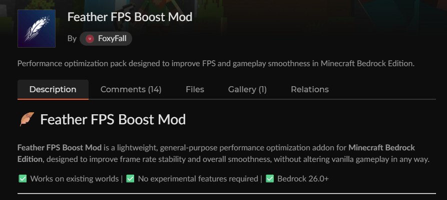 【マイクラ統合版】軽量化アドオン「Feather FPS Boost Mod」