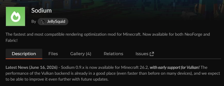 軽量化MOD「Sodium」のCurseForge配布ページ