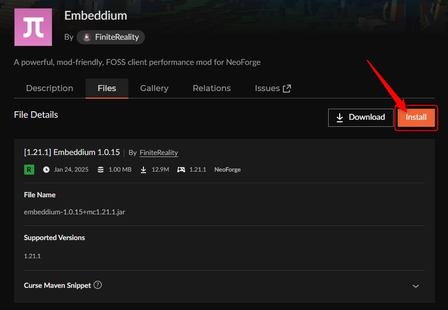 Embeddiumを「Install」してプロファイルを作成する画面