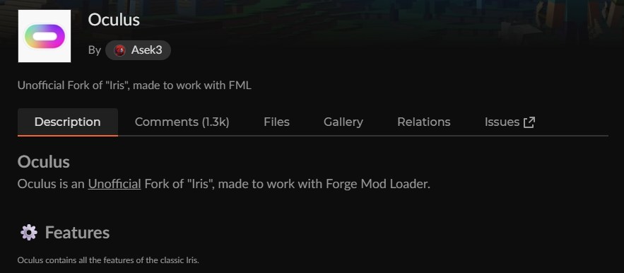 Forge系の影MOD「Oculus」のCurseForge配布ページ