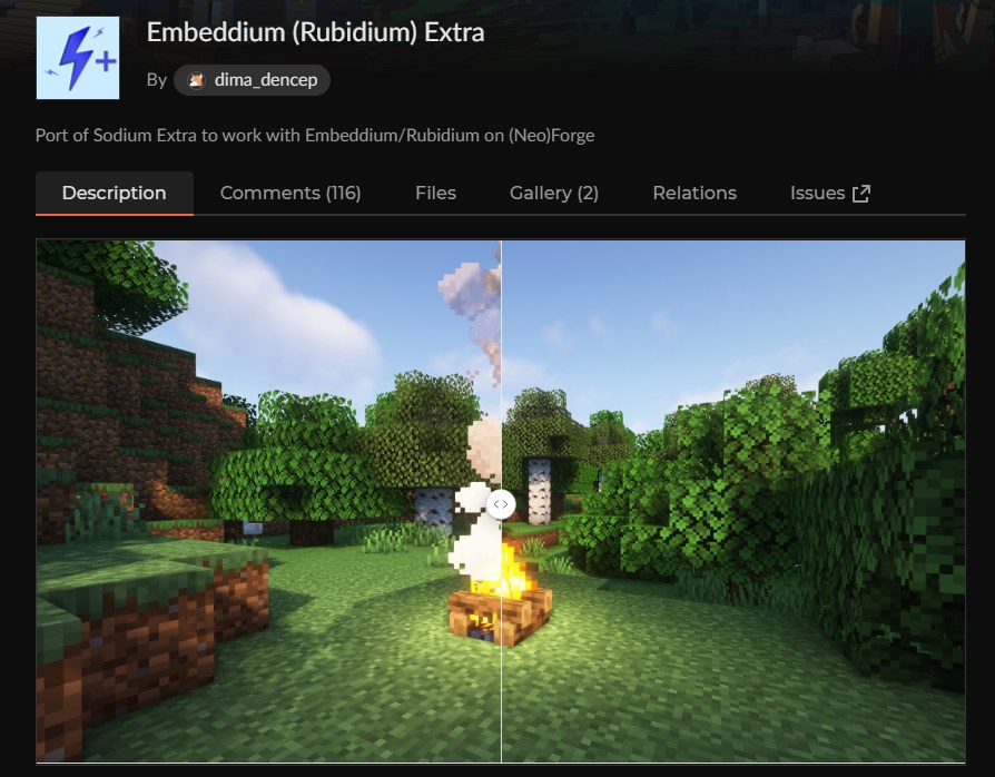設定追加アドオン「Embeddium（Rubidium）Extra」のCurseForge配布ページ