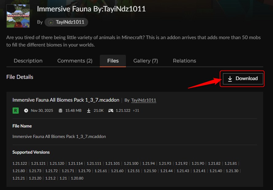 Immersive FaunaのDownloadボタンをクリックする画面