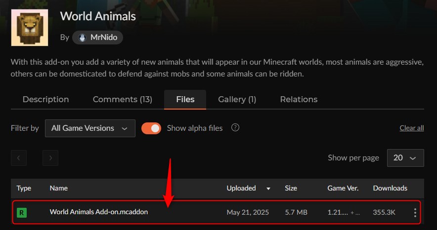 World AnimalsのCurseForge配布ページ（Game Versions欄で対応バージョンを確認）