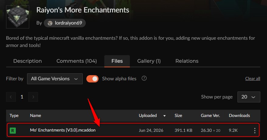 Raiyon's More EnchantmentsのCurseForge配布ページで.mcaddonファイルを選択する画面