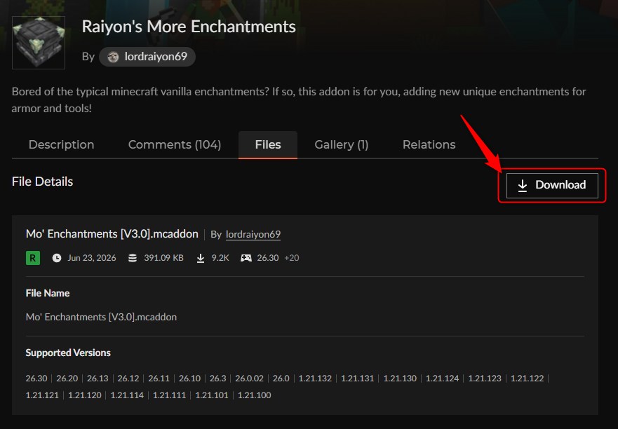 Raiyon's More EnchantmentsのDownloadボタンをクリックする画面