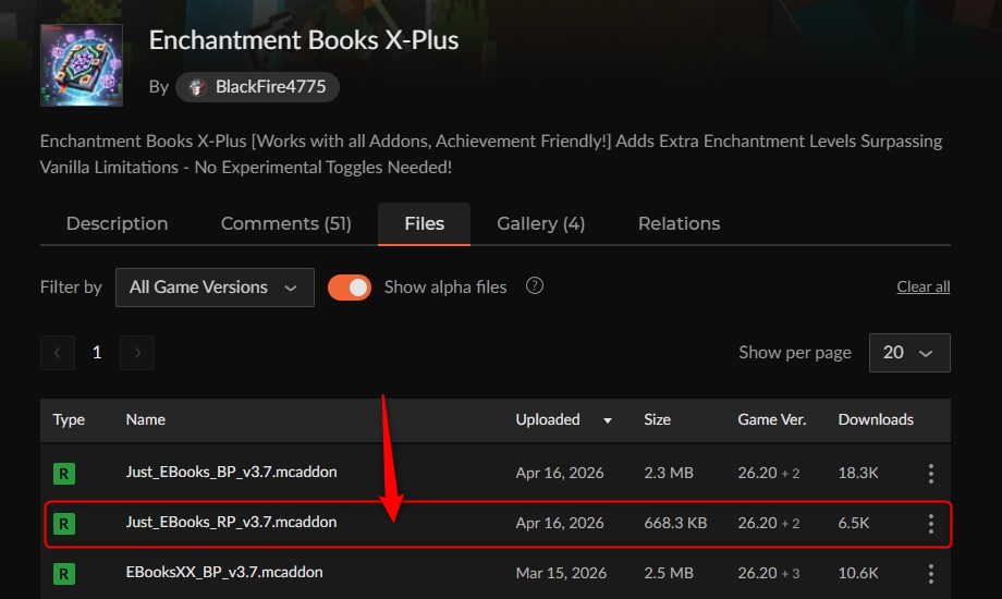 Enchantment Books X-PlusのCurseForge配布ページでリソースパックの.mcaddonを選択する画面