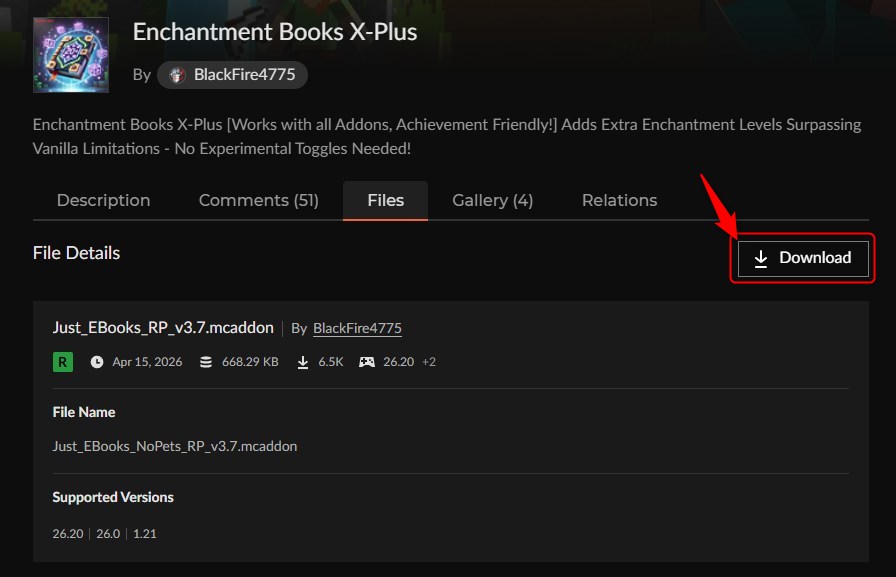 Enchantment Books X-Plusのリソースパックをダウンロードする画面
