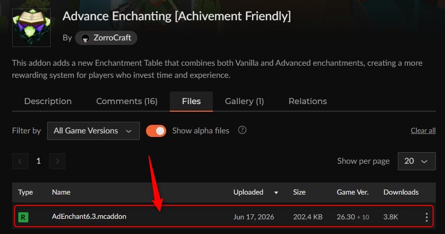 Advance EnchantingのCurseForge配布ページで.mcaddonファイルをダウンロードする画面