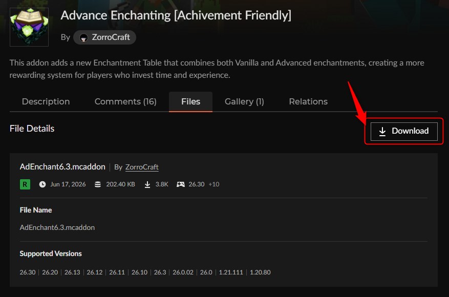 Advance Enchantingの.mcaddonファイルをダウンロードする画面